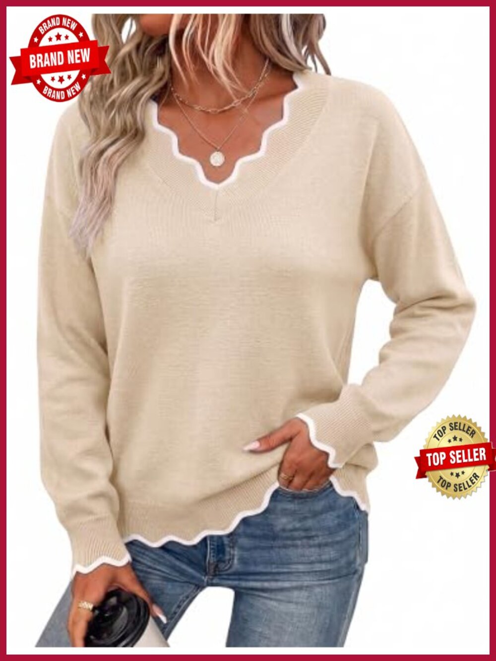Women's Long Sleeve V Neck Loose Knit Pullover Sweater